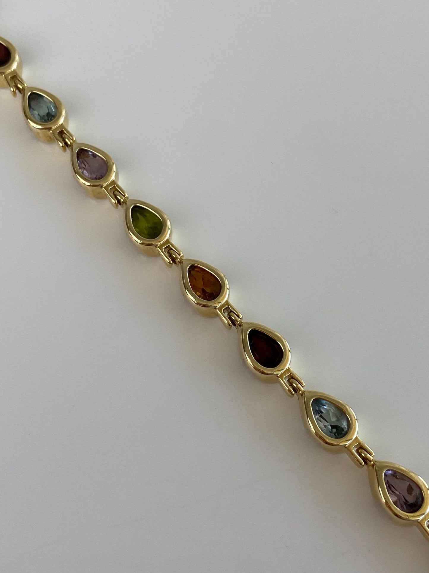 Solid 14k Yellow Gold Amethyst Garnet Citrine Topaz & Peridot Link Bracelet - 7 Inches