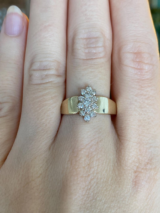 Vintage Solid 14k Yellow Gold Diamond Cluster Ring - Size 9.75