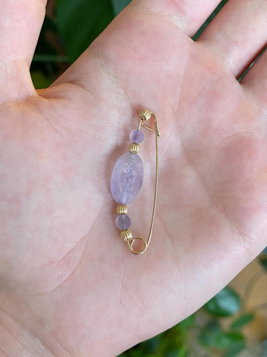 Vintage Solid 14k Yellow Gold Matte Purple & Gold Beads Safety Pin