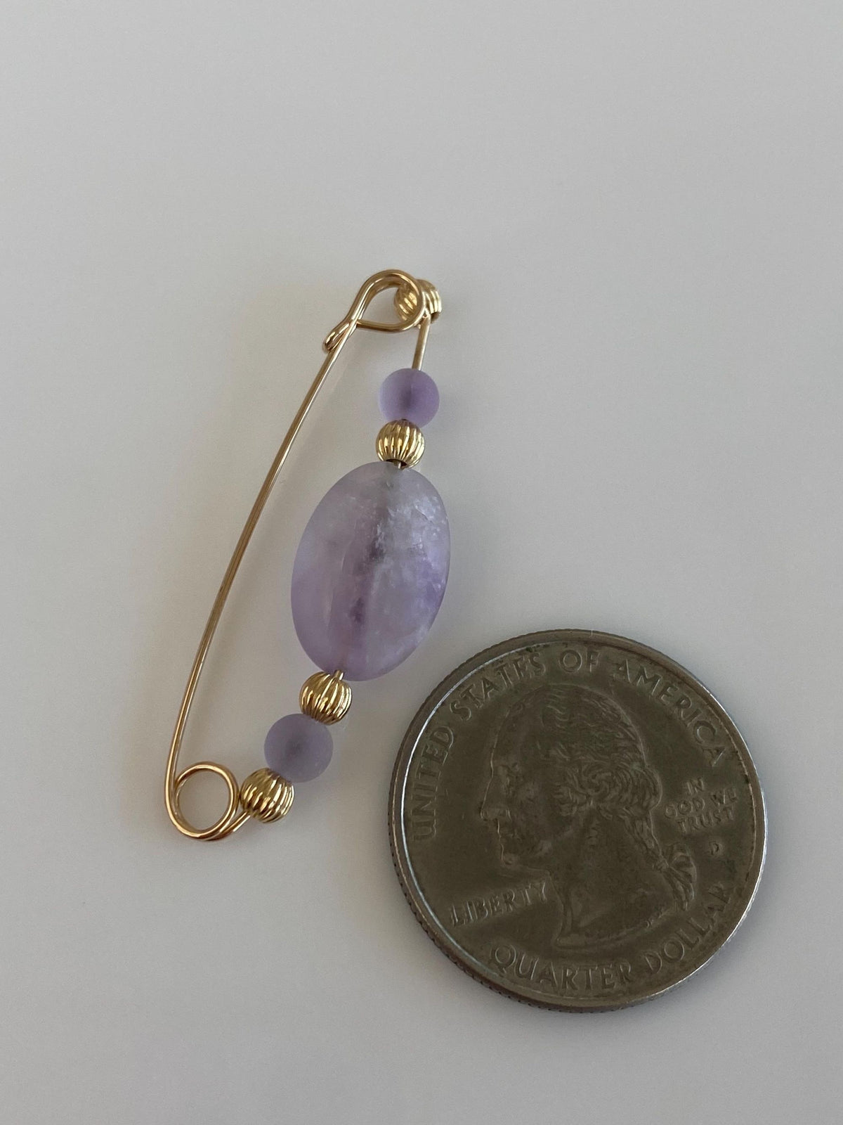 Vintage Solid 14k Yellow Gold Matte Purple & Gold Beads Safety Pin
