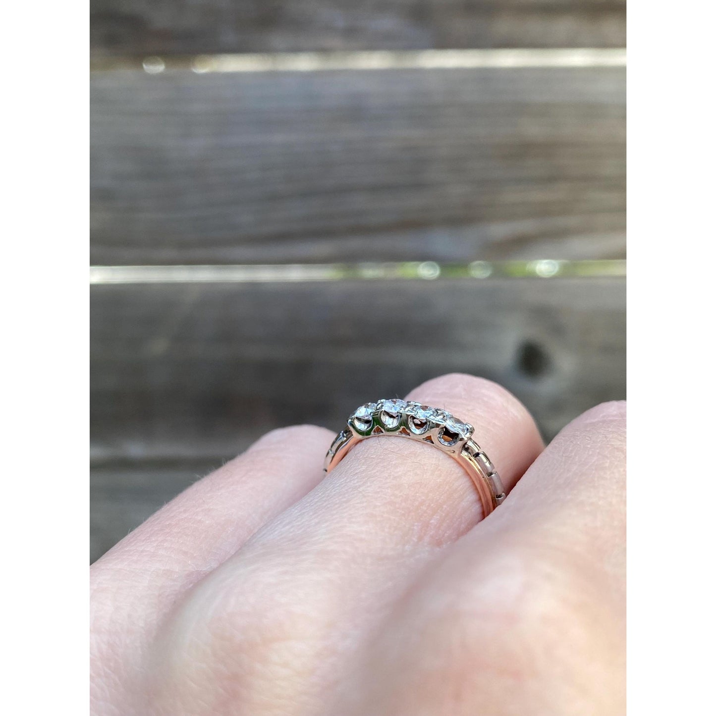 Vintage Solid 18k White & Rose Gold Diamond Ring Band - Size 5.5