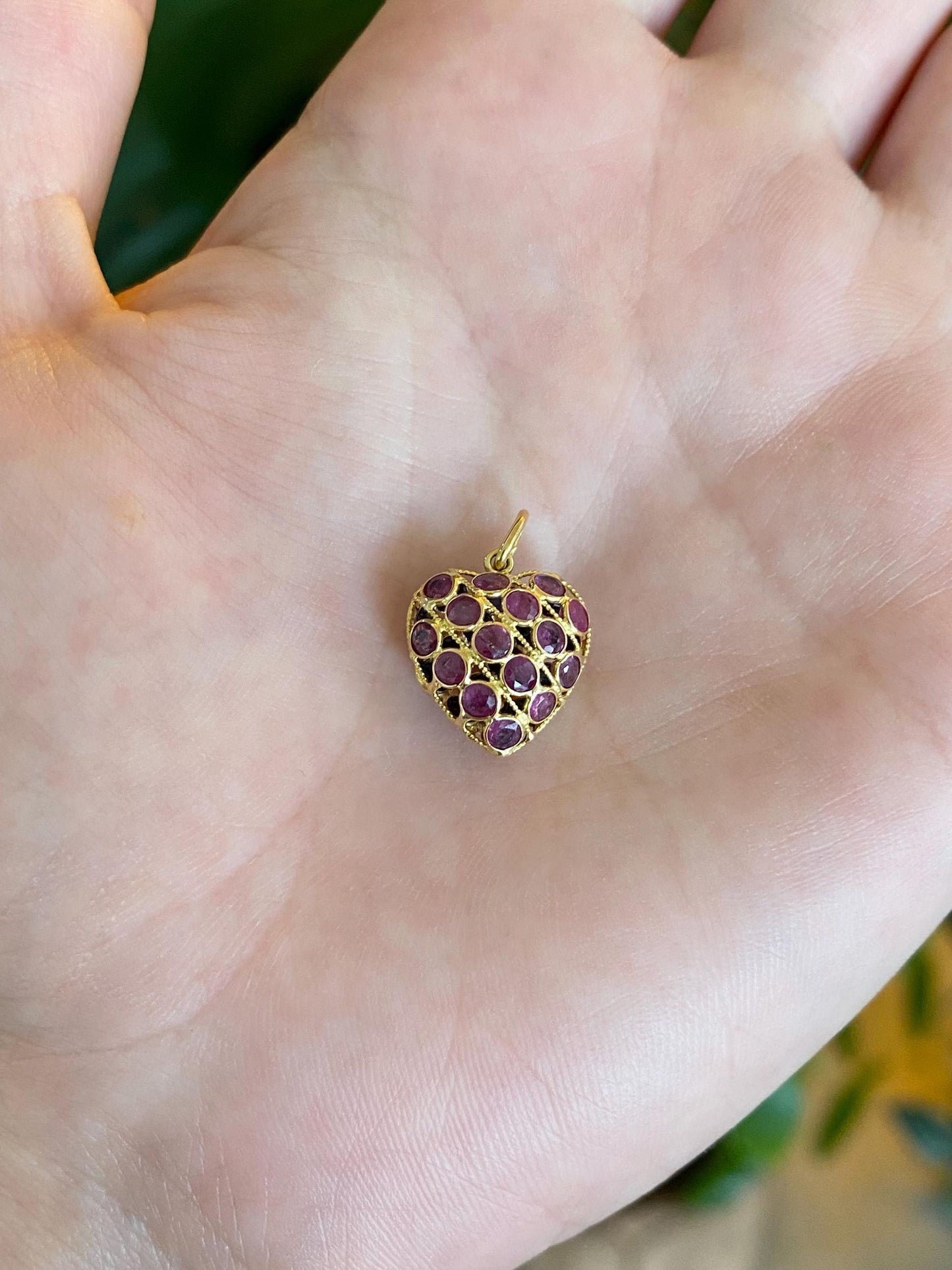 Vintage Solid 18k Yellow Gold Pink & Blue Sapphire Open Work Heart Charm