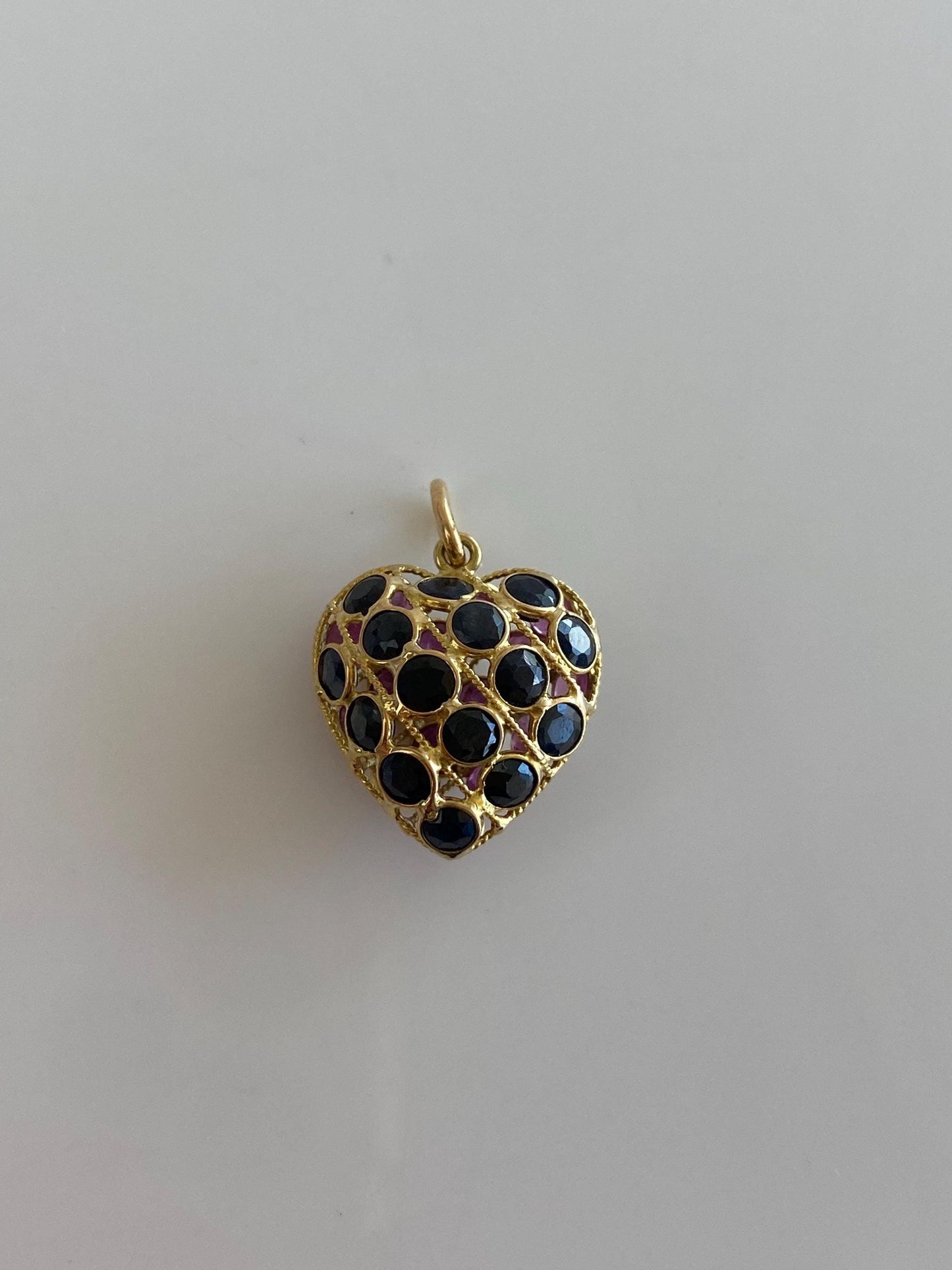 Vintage Solid 18k Yellow Gold Pink & Blue Sapphire Open Work Heart Charm