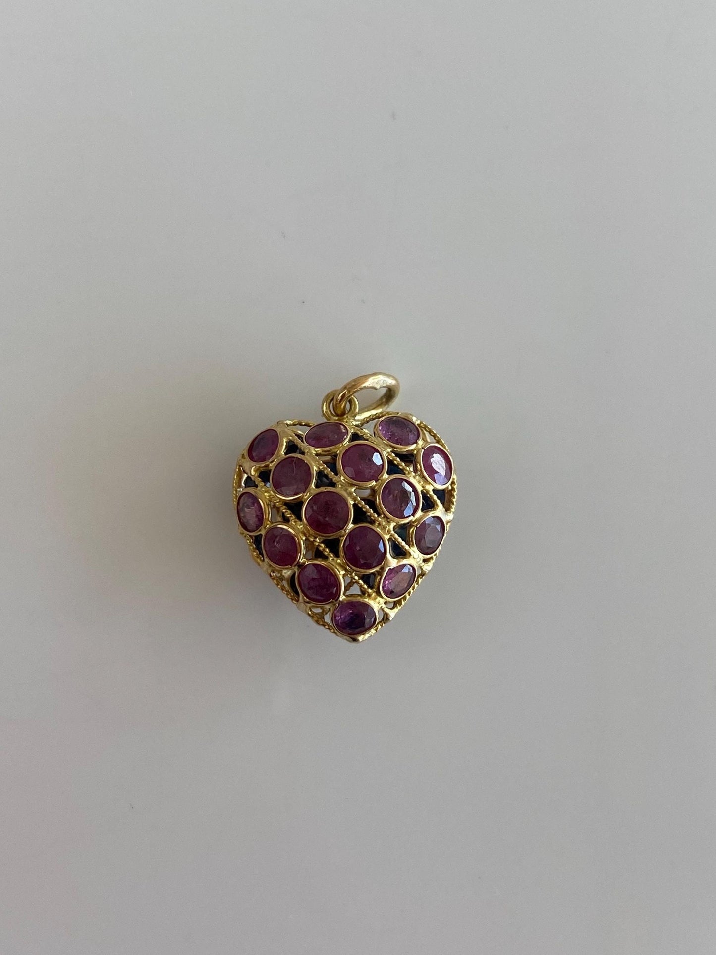 Vintage Solid 18k Yellow Gold Pink & Blue Sapphire Open Work Heart Charm