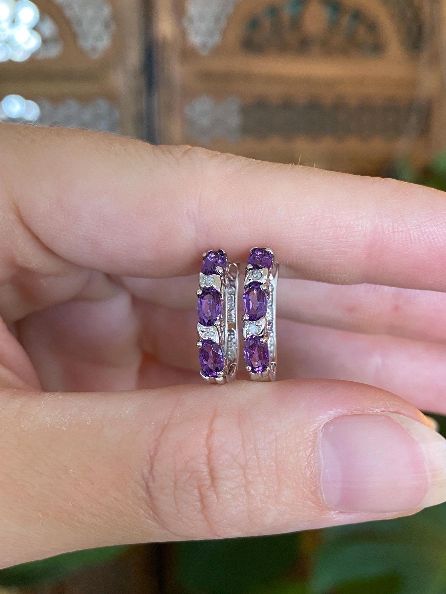 Vintage Solid 14k White Gold Amethyst Clear Sapphire Drop Earrings