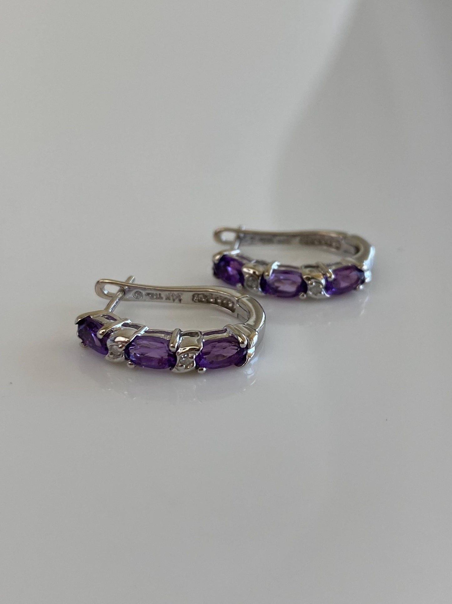 Vintage Solid 14k White Gold Amethyst Clear Sapphire Drop Earrings