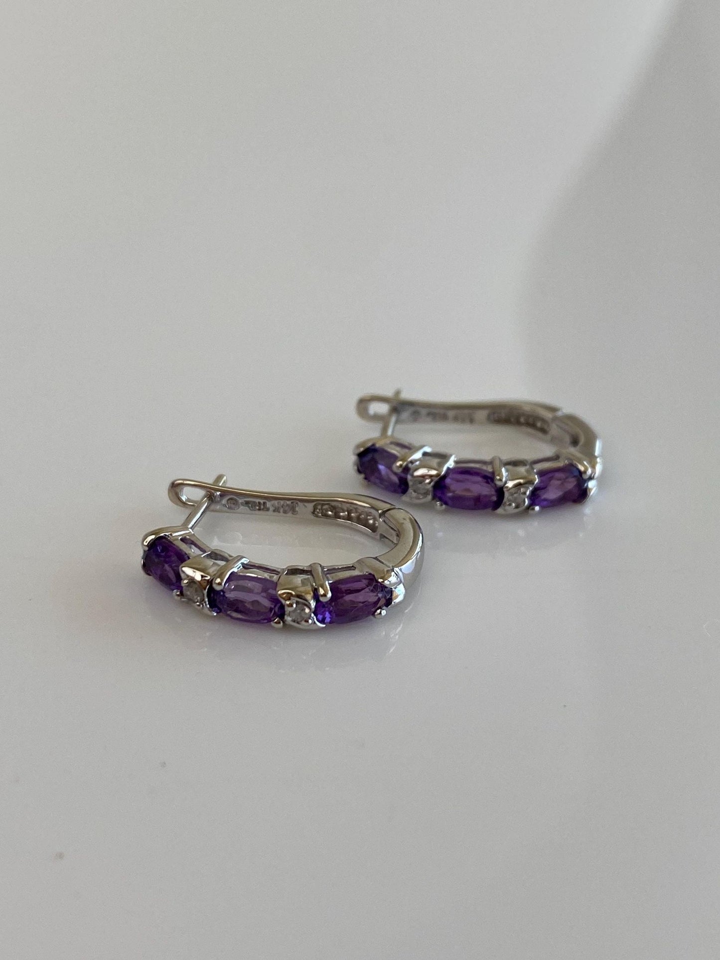 Vintage Solid 14k White Gold Amethyst Clear Sapphire Drop Earrings