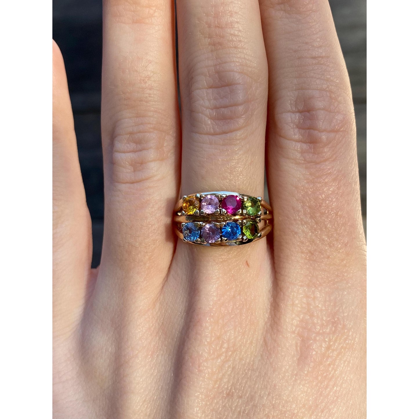 Solid 14k Yellow Gold Colored Sapphire Peridot Blue Quartz Ring Band - Size 8.5