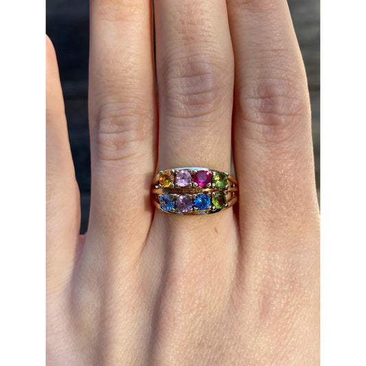 Solid 14k Yellow Gold Colored Sapphire Peridot Blue Quartz Ring Band - Size 8.5