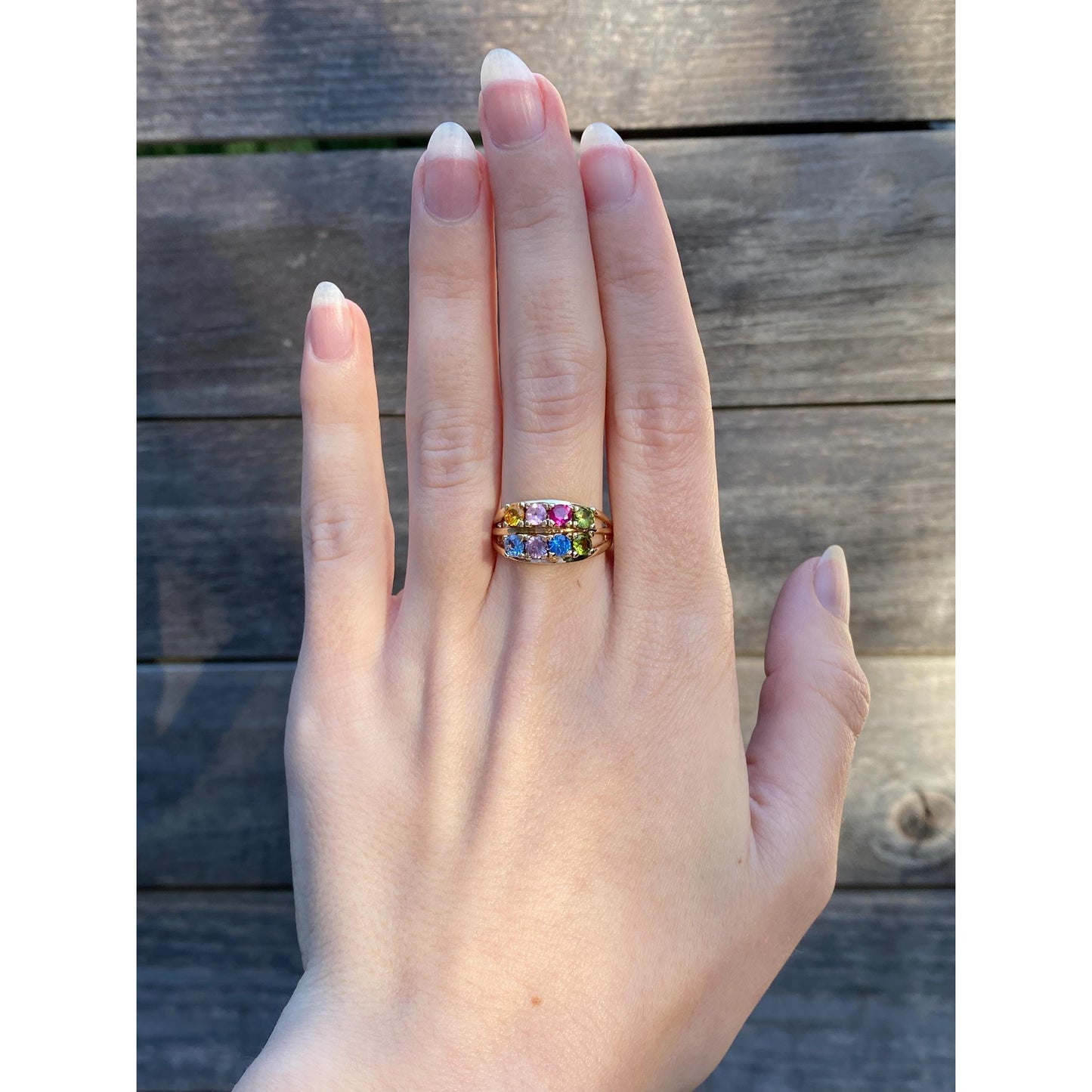 Solid 14k Yellow Gold Colored Sapphire Peridot Blue Quartz Ring Band - Size 8.5