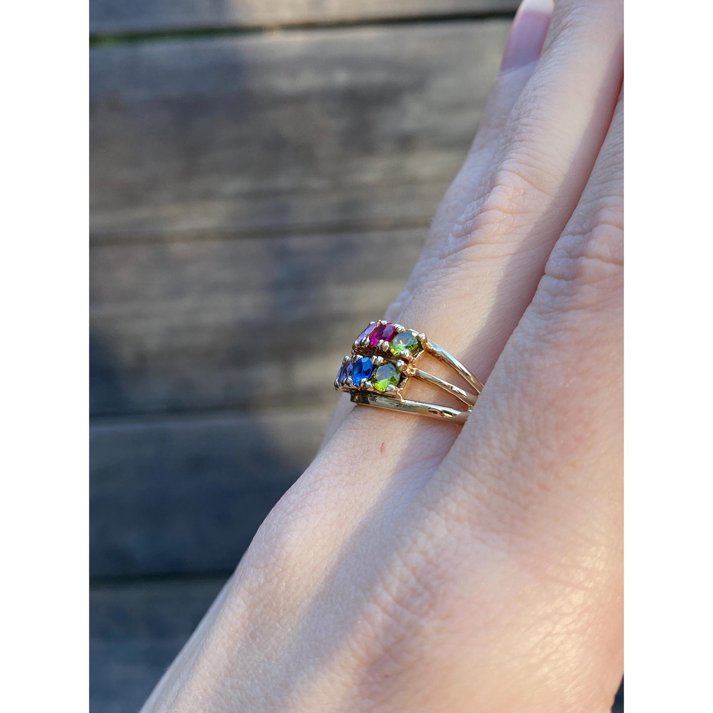 Solid 14k Yellow Gold Colored Sapphire Peridot Blue Quartz Ring Band - Size 8.5