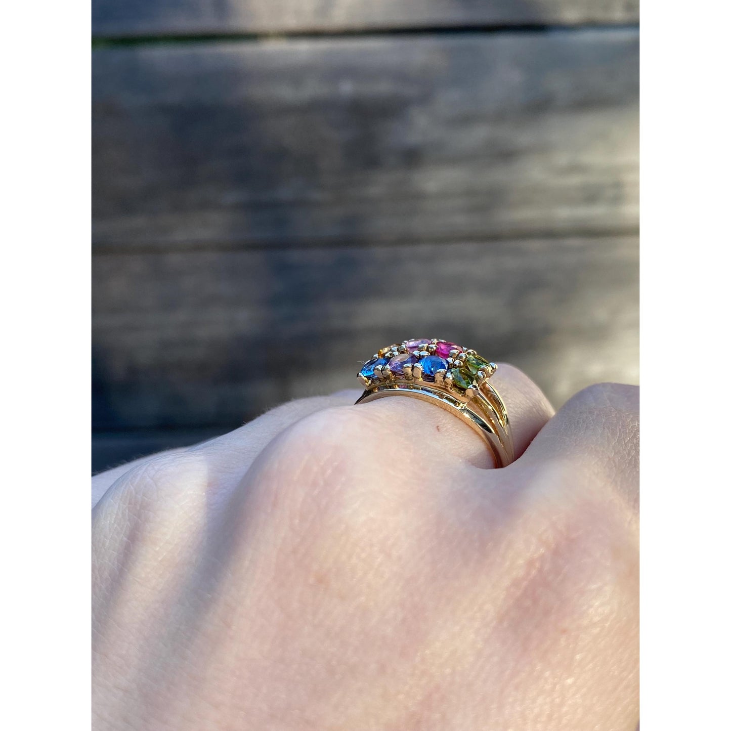 Solid 14k Yellow Gold Colored Sapphire Peridot Blue Quartz Ring Band - Size 8.5