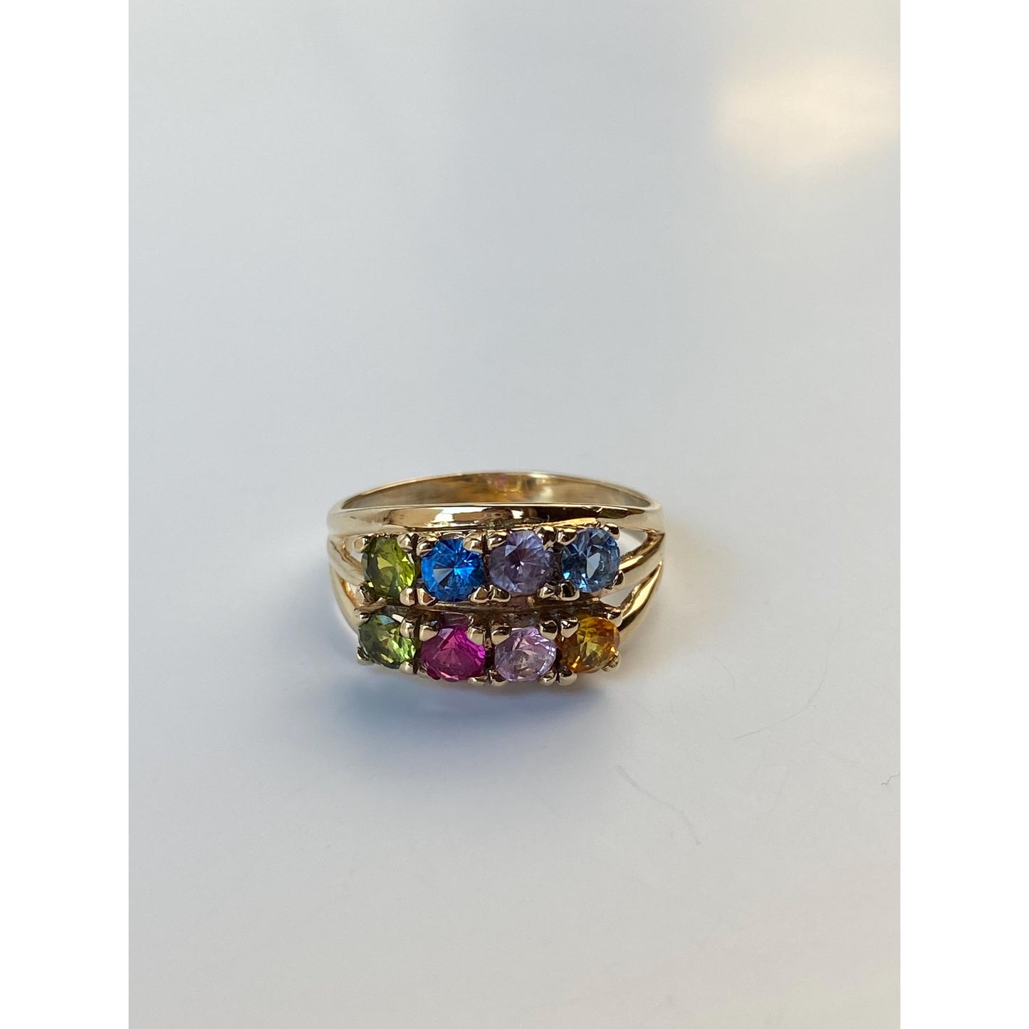 Solid 14k Yellow Gold Colored Sapphire Peridot Blue Quartz Ring Band - Size 8.5