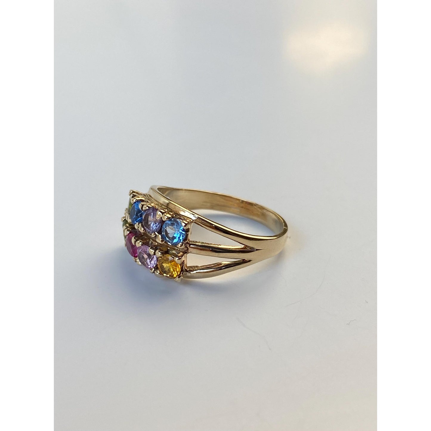 Solid 14k Yellow Gold Colored Sapphire Peridot Blue Quartz Ring Band - Size 8.5