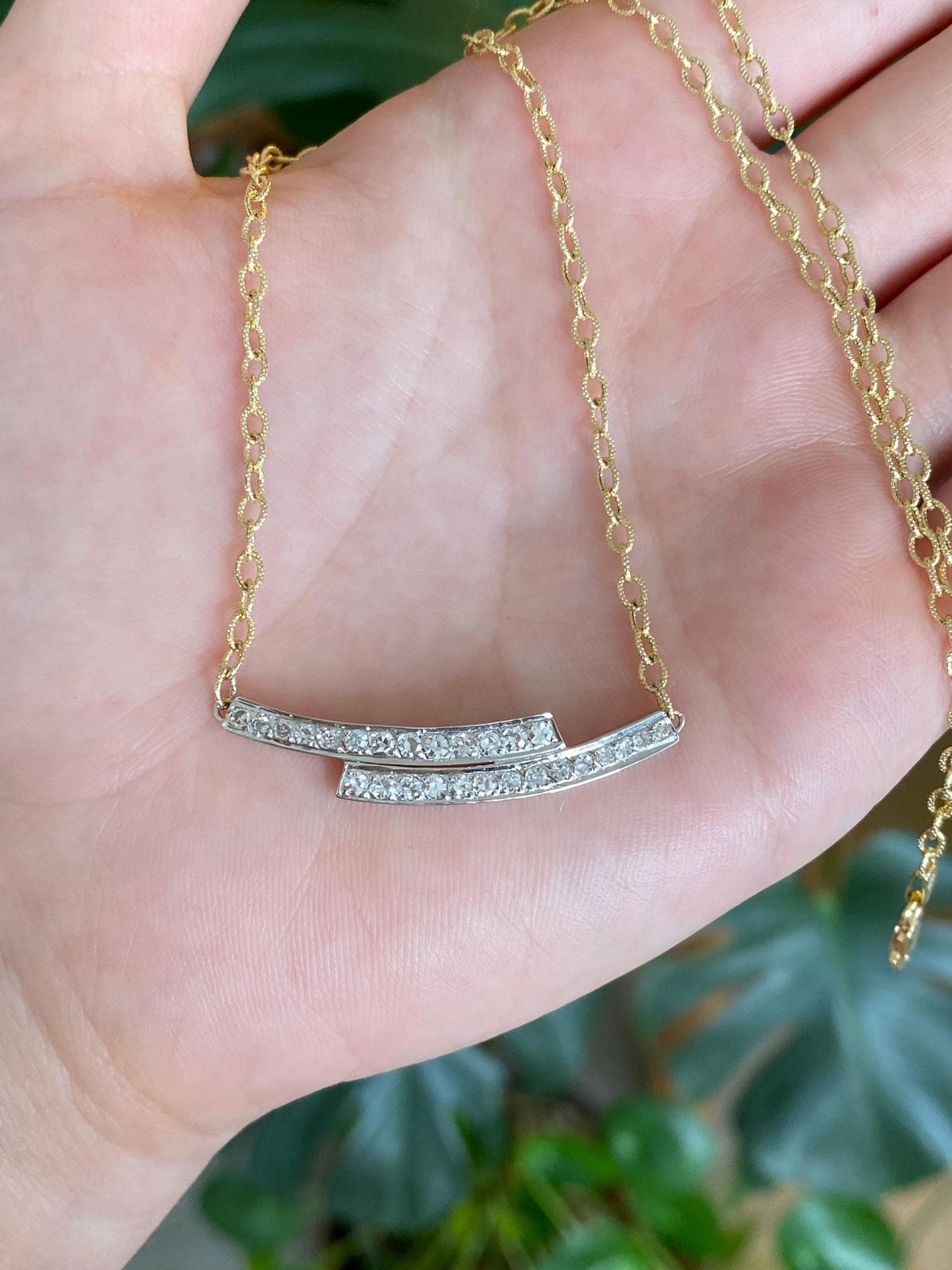 Vintage Solid 14k White & Yellow Gold Diamonds Textured Cable Chain Necklace - 18.5 inches