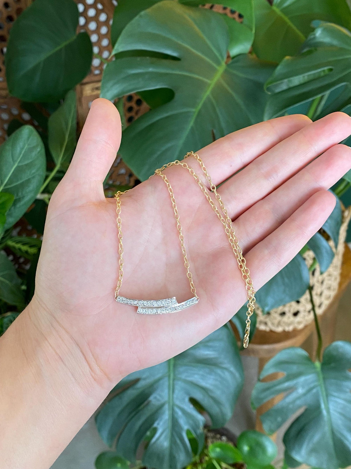 Vintage Solid 14k White & Yellow Gold Diamonds Textured Cable Chain Necklace - 18.5 inches