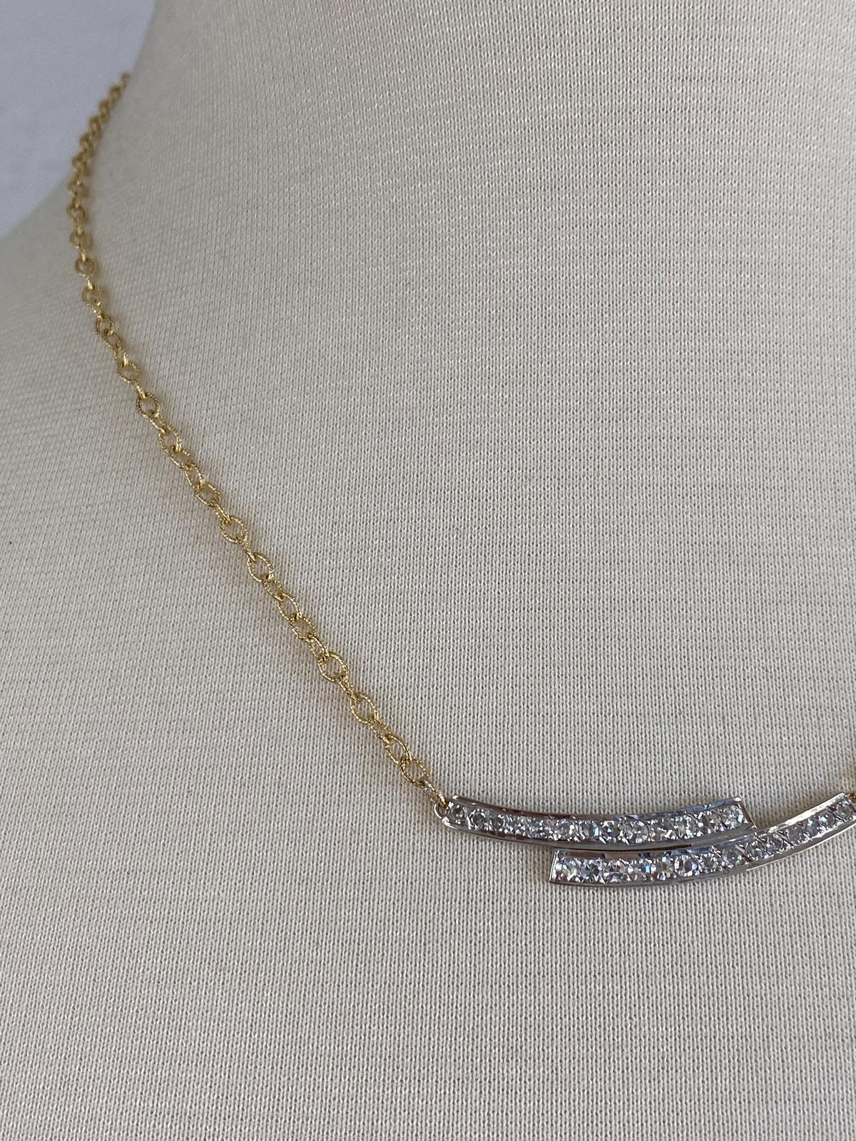 Vintage Solid 14k White & Yellow Gold Diamonds Textured Cable Chain Necklace - 18.5 inches