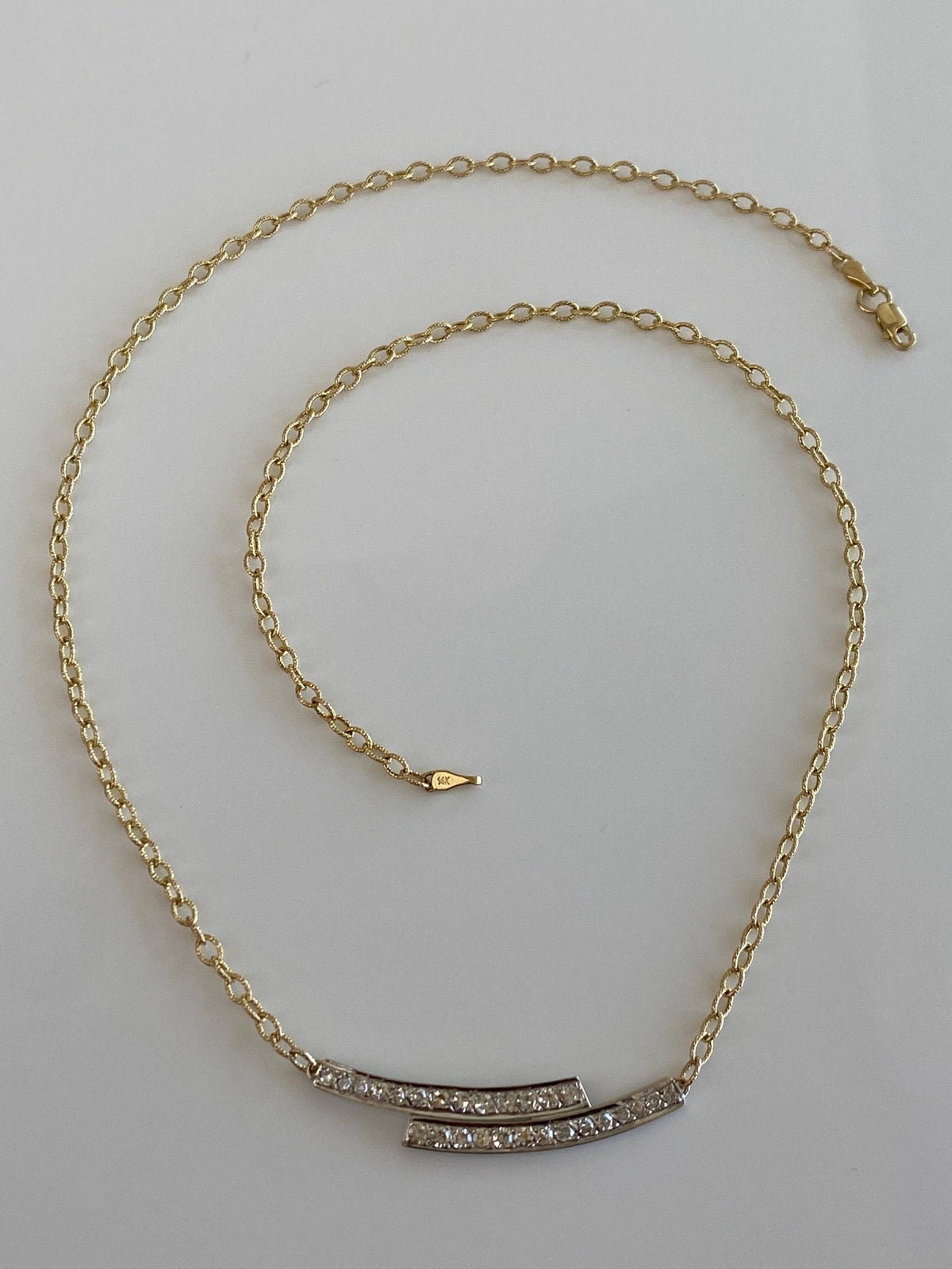 Vintage Solid 14k White & Yellow Gold Diamonds Textured Cable Chain Necklace - 18.5 inches