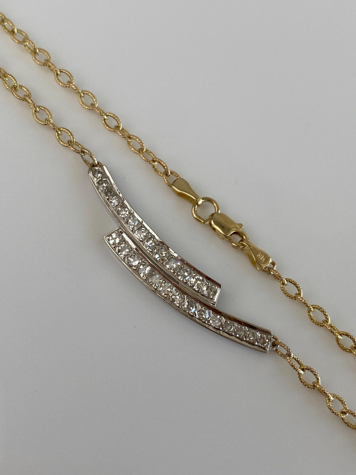 Vintage Solid 14k White & Yellow Gold Diamonds Textured Cable Chain Necklace - 18.5 inches