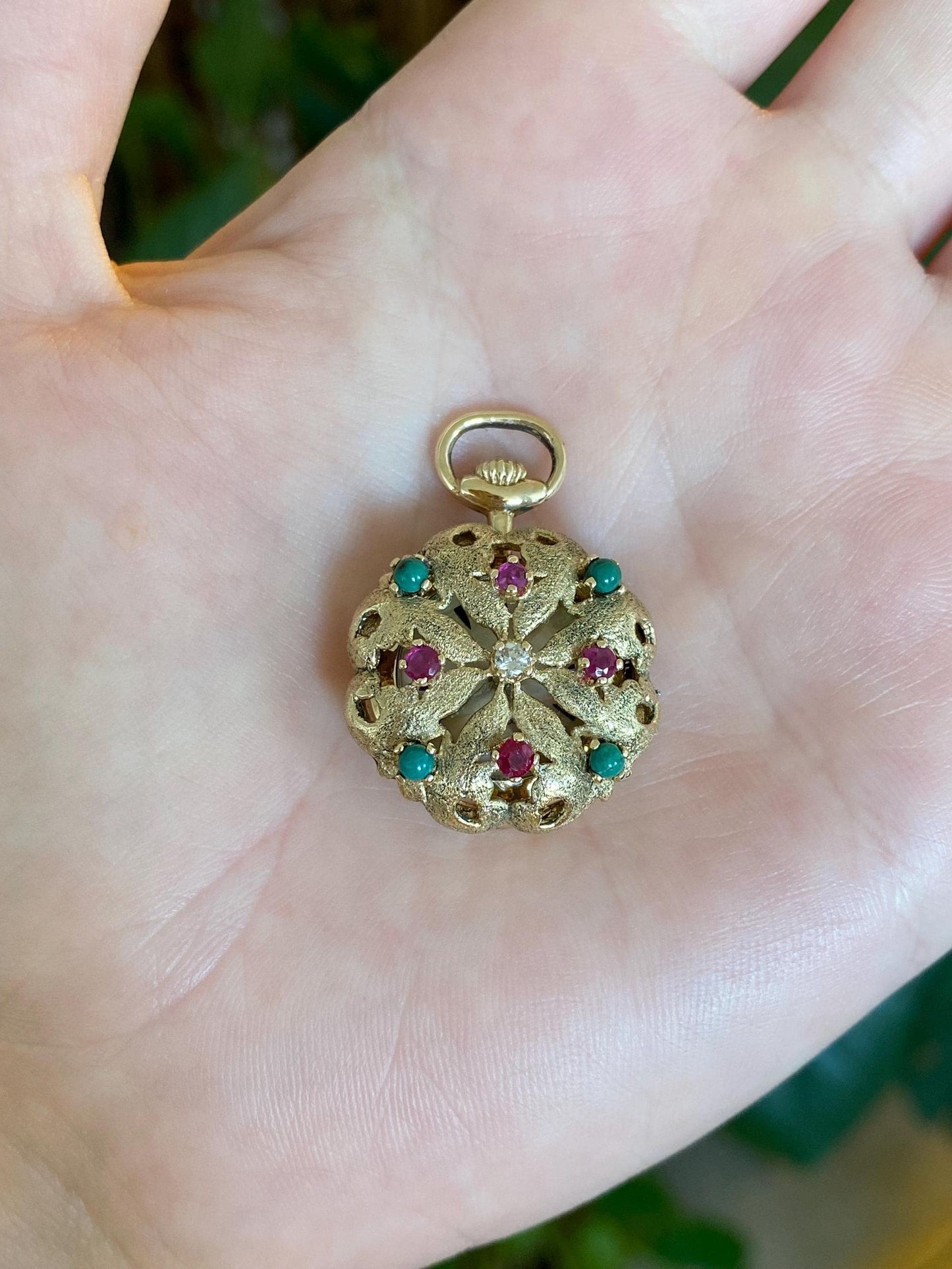 Solid 14k Yellow Gold Diamond Pink Sapphire Turquoise Open Work Cover Pocket Watch