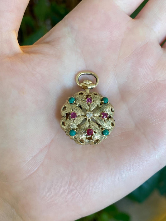 Solid 14k Yellow Gold Diamond Pink Sapphire Turquoise Open Work Cover Pocket Watch