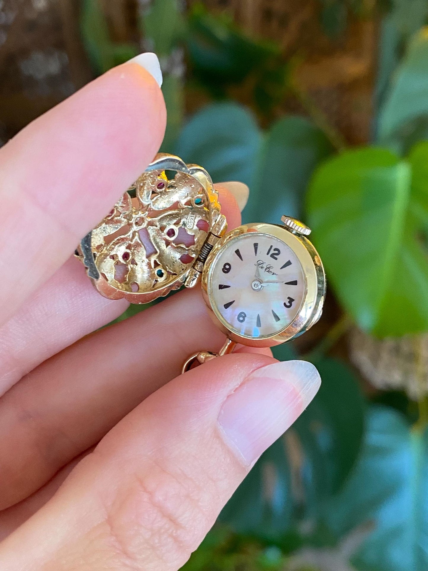 Solid 14k Yellow Gold Diamond Pink Sapphire Turquoise Open Work Cover Pocket Watch