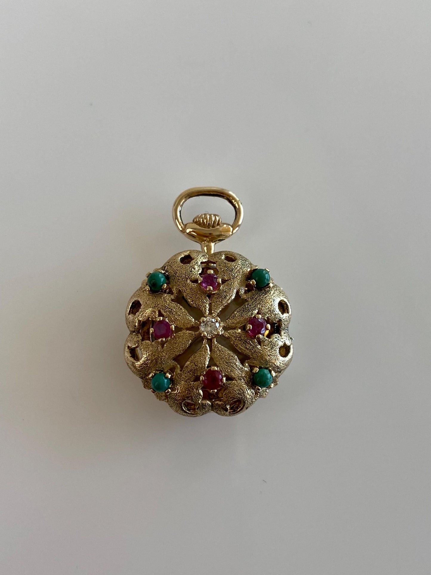Solid 14k Yellow Gold Diamond Pink Sapphire Turquoise Open Work Cover Pocket Watch