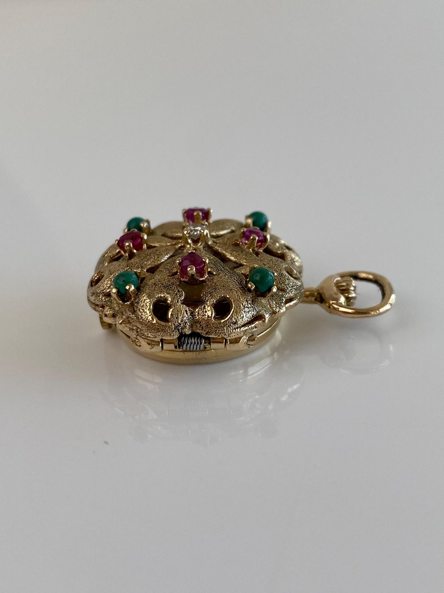 Solid 14k Yellow Gold Diamond Pink Sapphire Turquoise Open Work Cover Pocket Watch