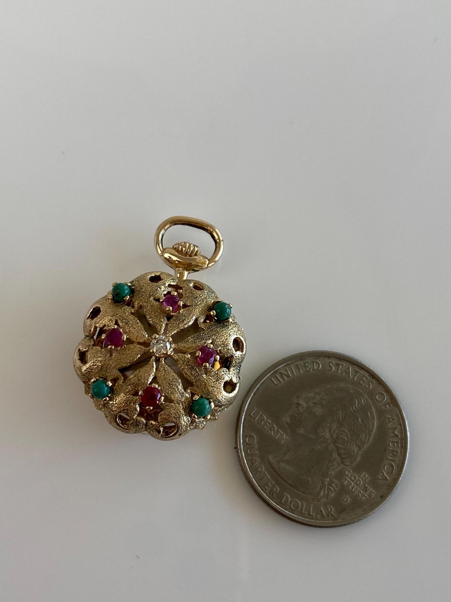 Solid 14k Yellow Gold Diamond Pink Sapphire Turquoise Open Work Cover Pocket Watch