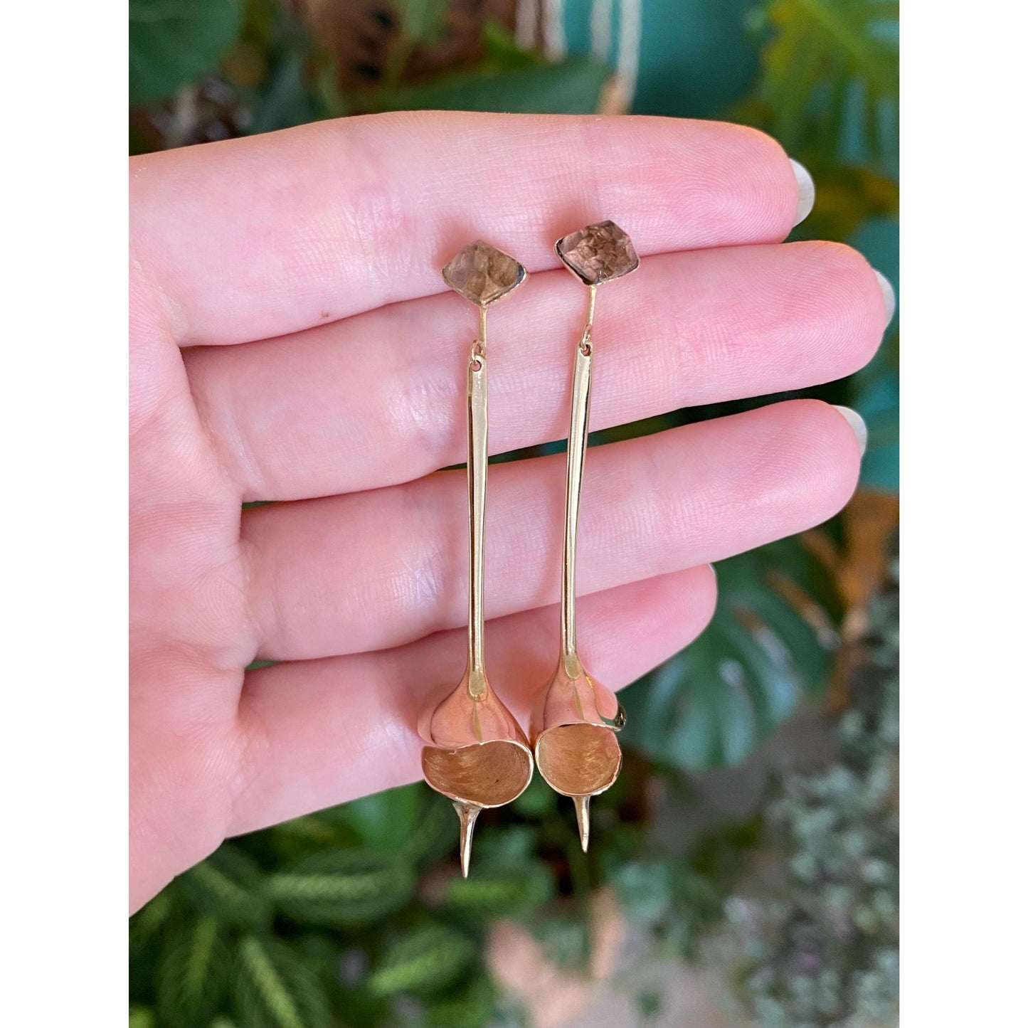 Vintage Solid 14k Yellow Gold Smokey Topaz Mid Century Modern Style Dangle Stud Earrings