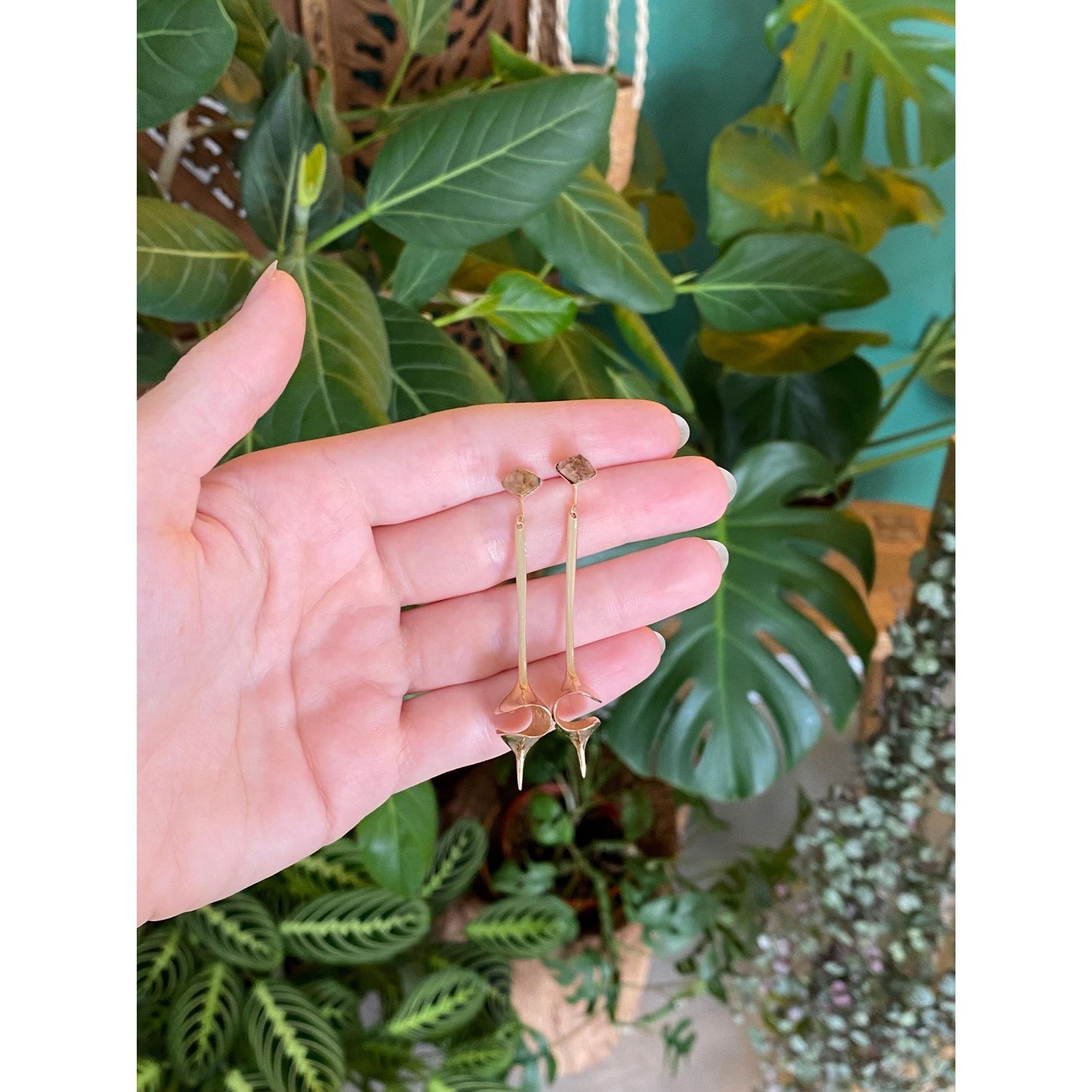 Vintage Solid 14k Yellow Gold Smokey Topaz Mid Century Modern Style Dangle Stud Earrings