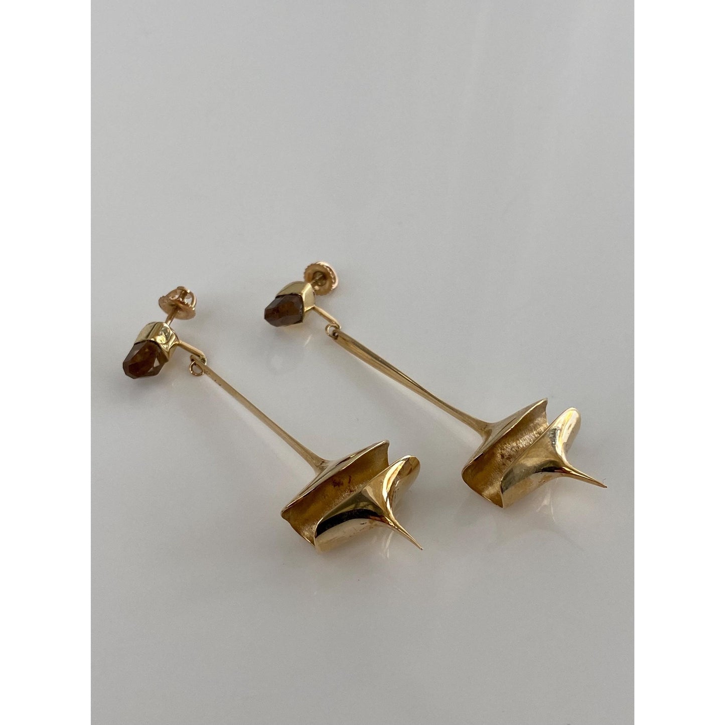Vintage Solid 14k Yellow Gold Smokey Topaz Mid Century Modern Style Dangle Stud Earrings