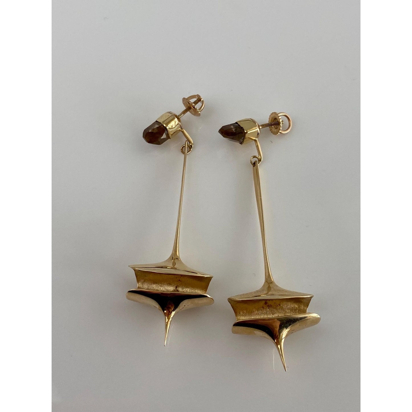 Vintage Solid 14k Yellow Gold Smokey Topaz Mid Century Modern Style Dangle Stud Earrings
