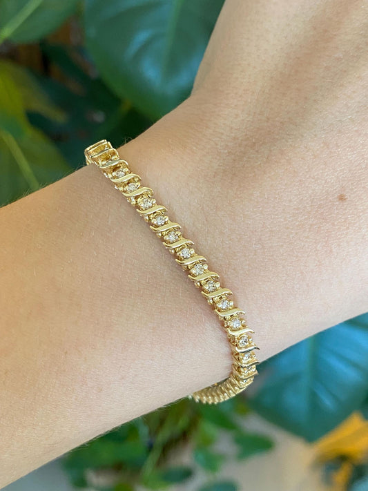 Vintage Solid 14k Yellow Gold Diamond Tennis Bracelet - 7.25 Inches