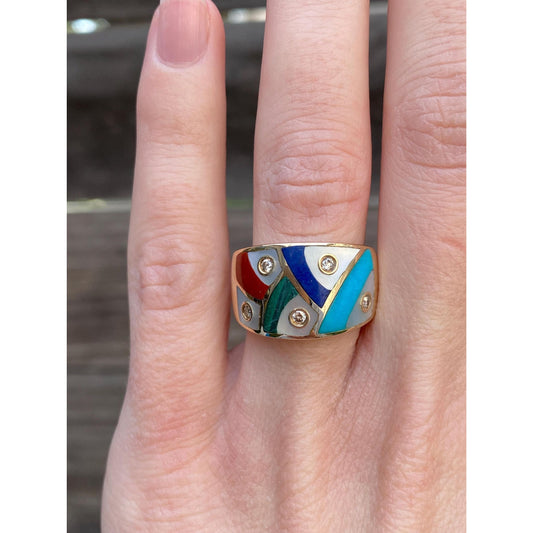Vintage Solid 14k Yellow Gold Diamond MOP Malachite Blue Lapis Turquoise Coral Inlay Ring Band - Size 5.75