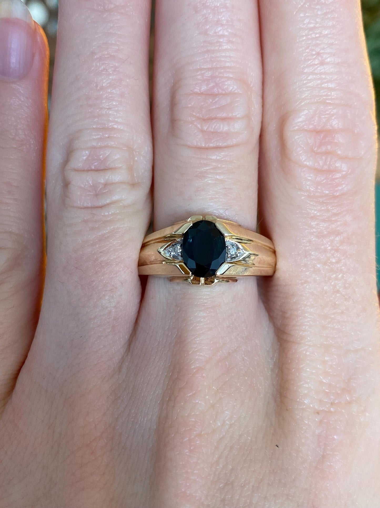 Vintage Solid 14k Yellow Gold Diamond Blue Sapphire Ring - Size 9.75