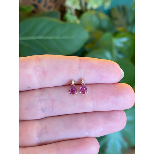 Vintage Solid 14k Yellow Gold Pink Sapphire Diamond Stud Earrings