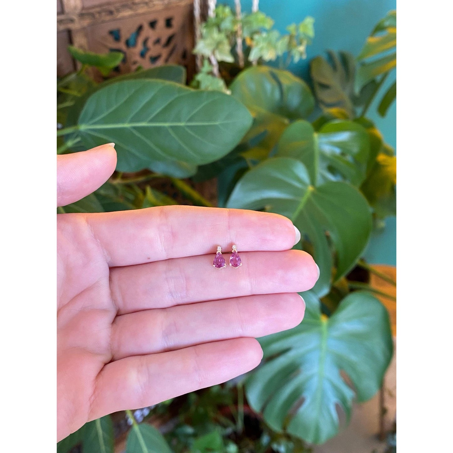 Vintage Solid 14k Yellow Gold Pink Sapphire Diamond Stud Earrings