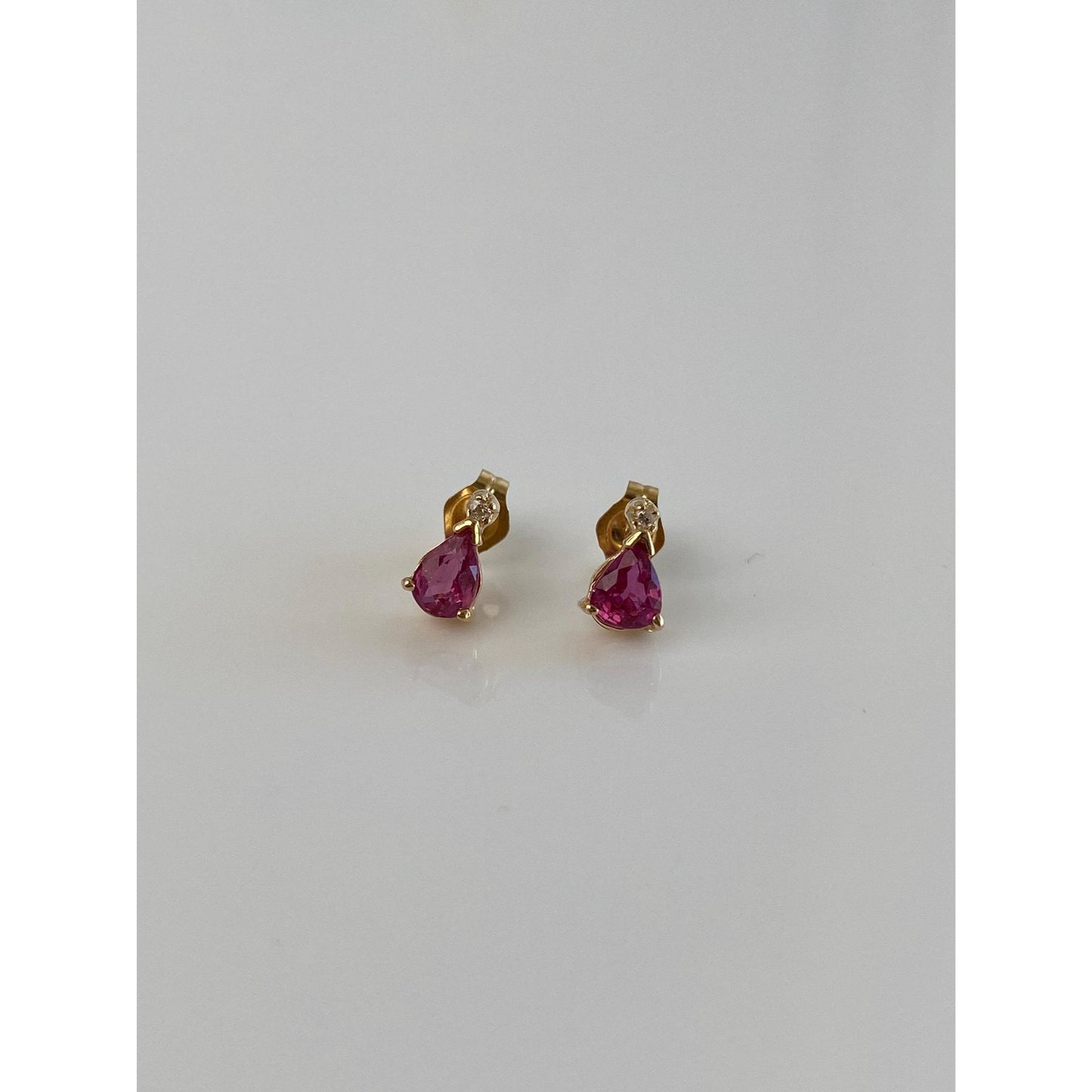 Vintage Solid 14k Yellow Gold Pink Sapphire Diamond Stud Earrings