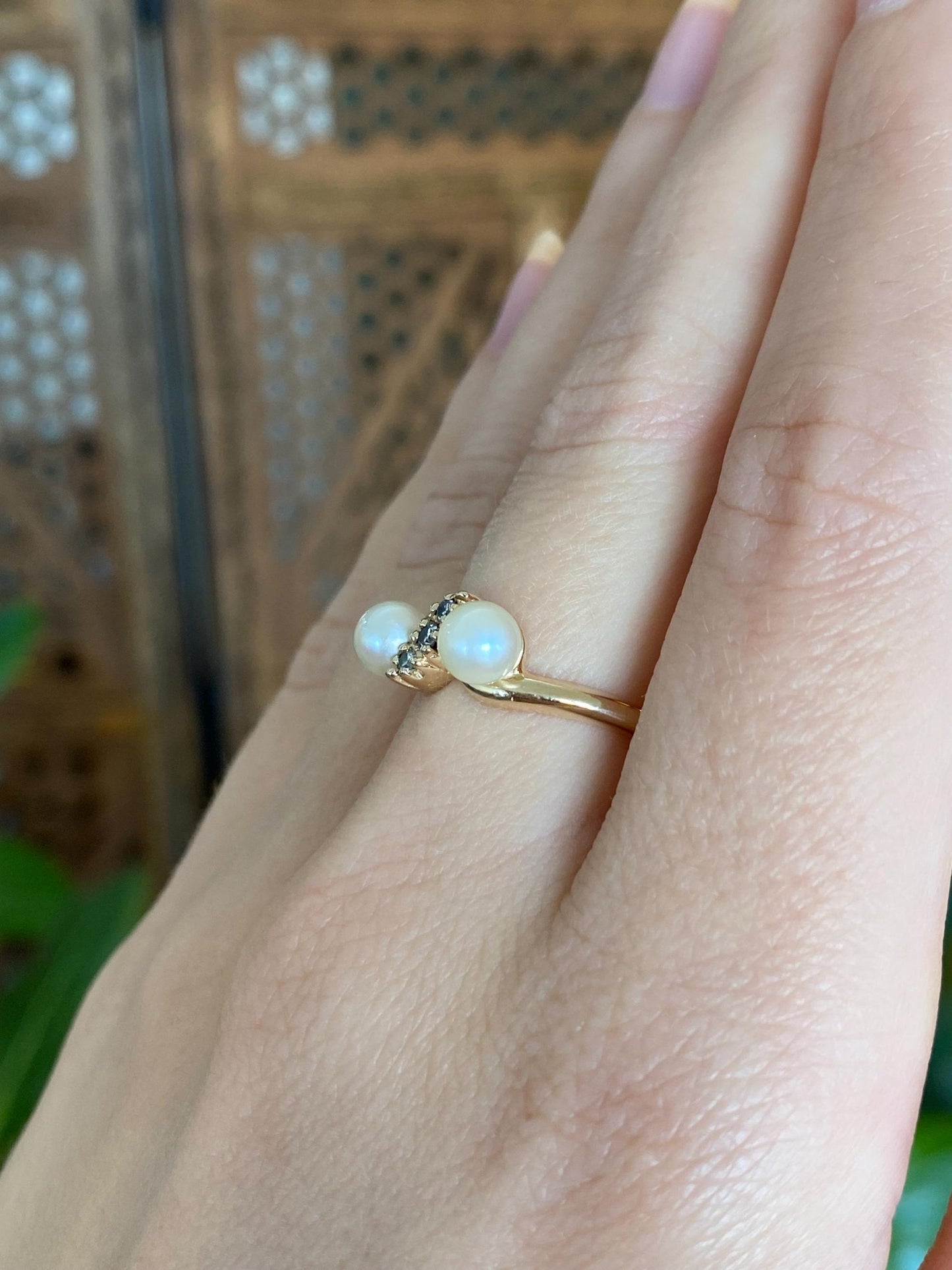 Vintage Solid 14k Yellow Gold Diamond Pearls Ring - Size 7