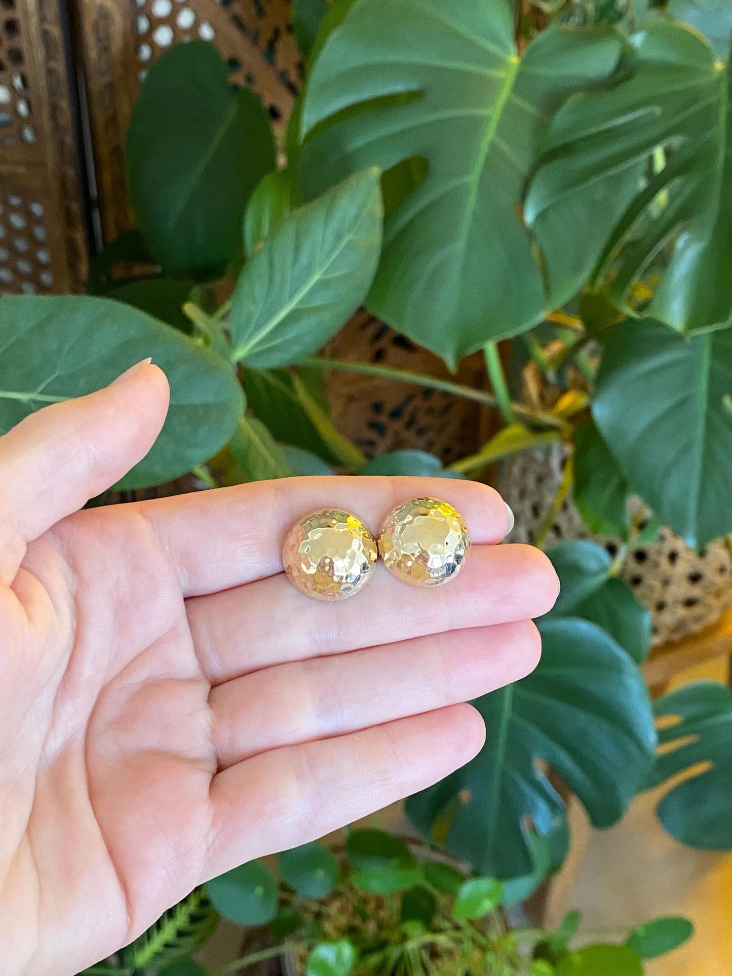Vintage 14k Yellow Gold Hammered Texture Domed Stud Earrings