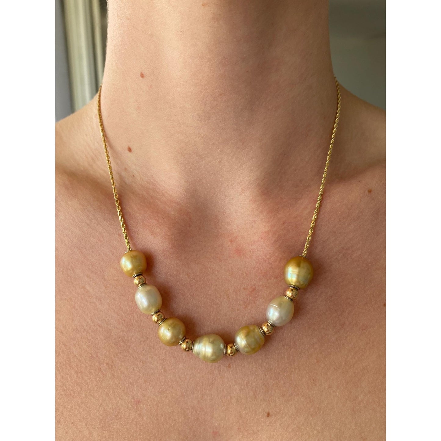 Vintage Solid 14k Yellow Gold Pearl Gold Ball Rope Chain Necklace - 17.75 inches