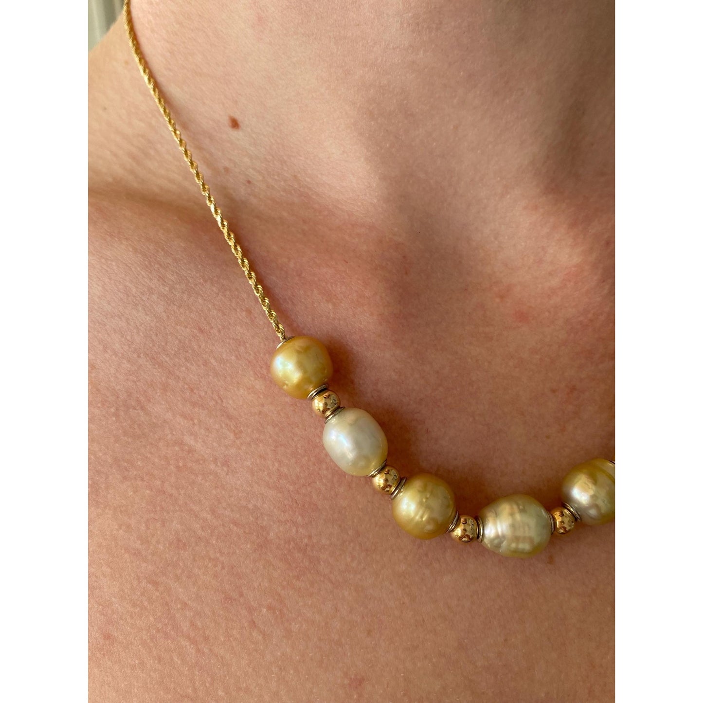 Vintage Solid 14k Yellow Gold Pearl Gold Ball Rope Chain Necklace - 17.75 inches