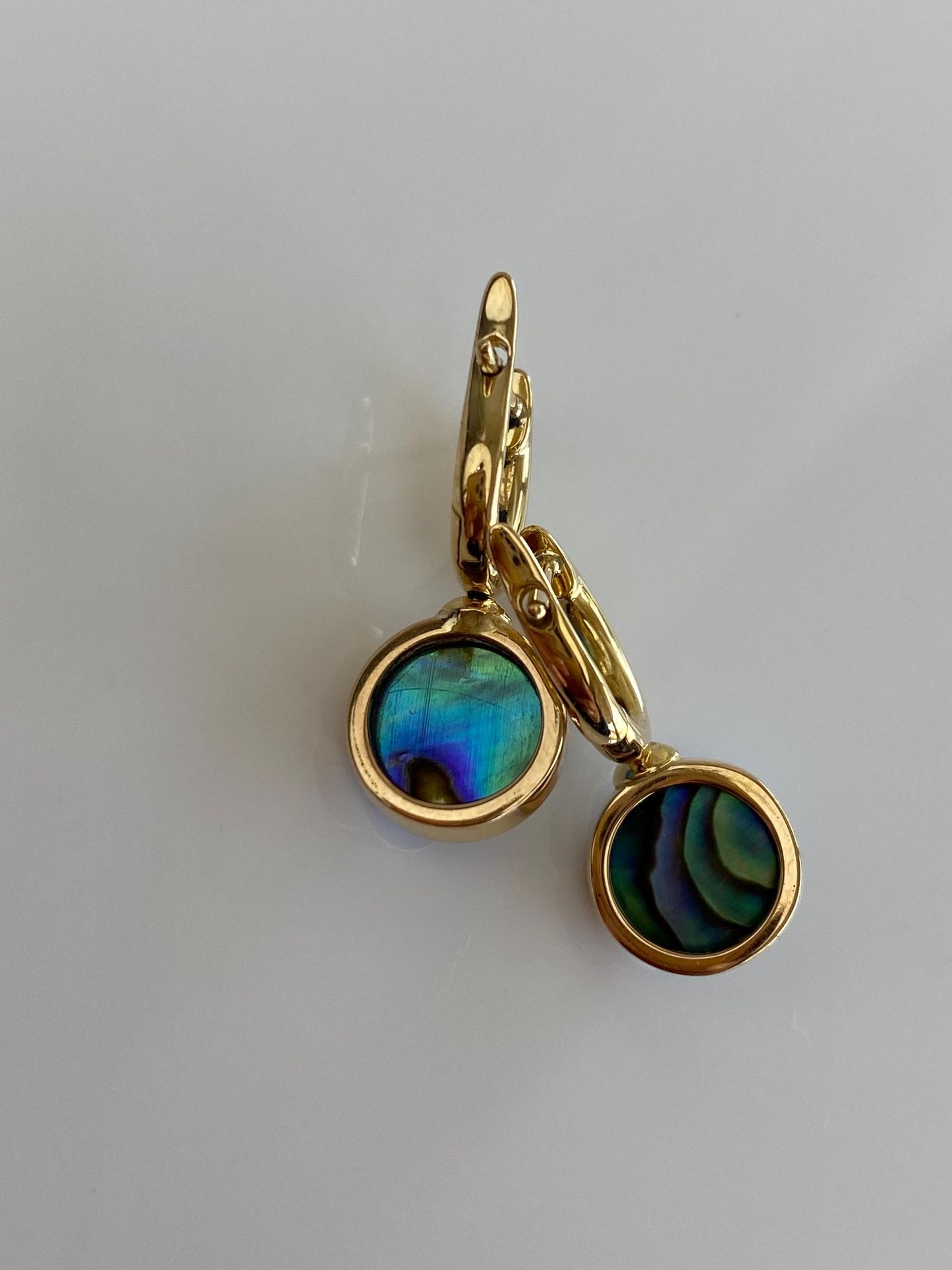 Vintage Solid 18k Yellow Gold Diamond Abalone Hoop Earrings