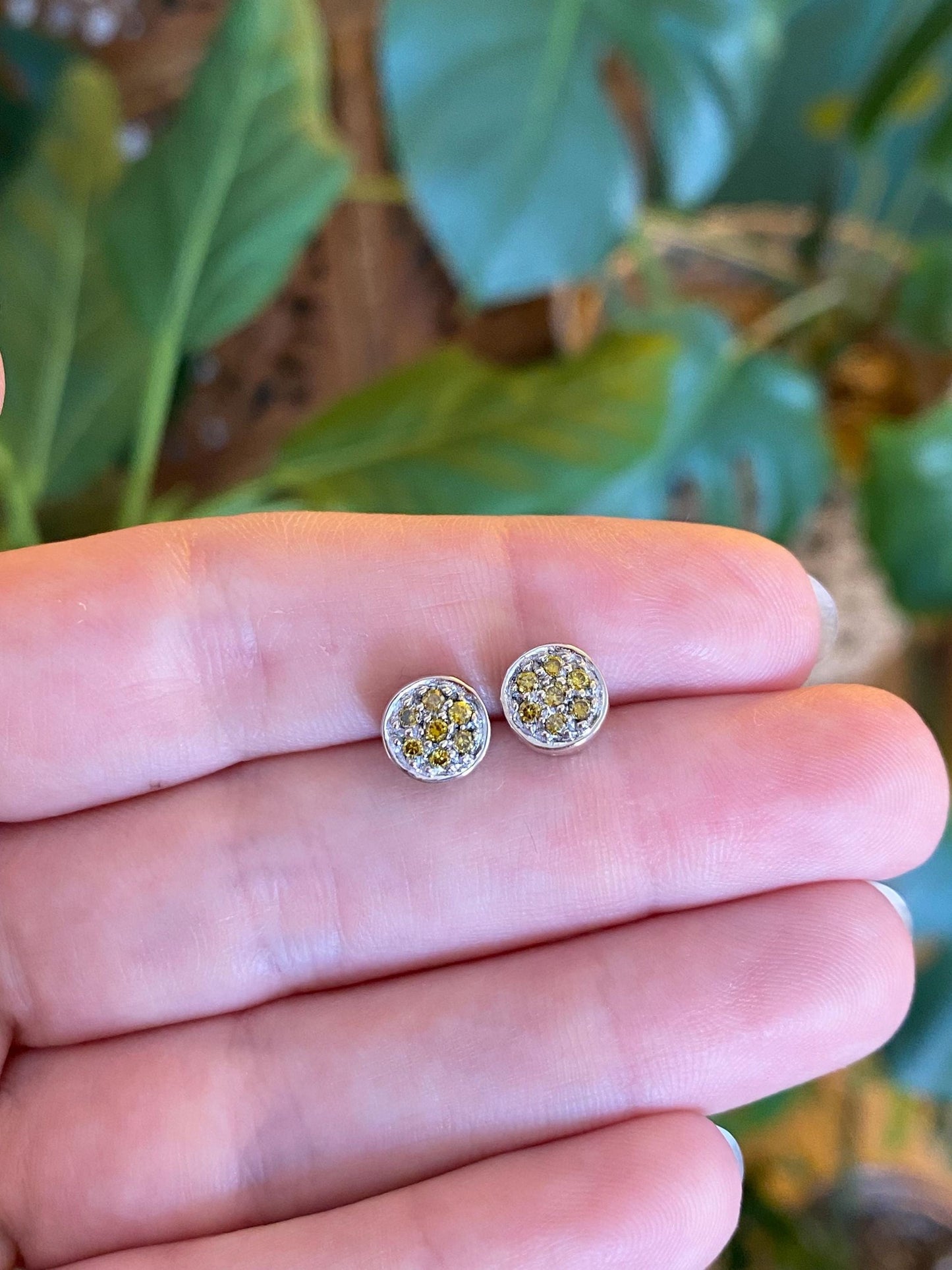 Vintage Solid 14k White Gold Yellow Diamond Cluster Studs