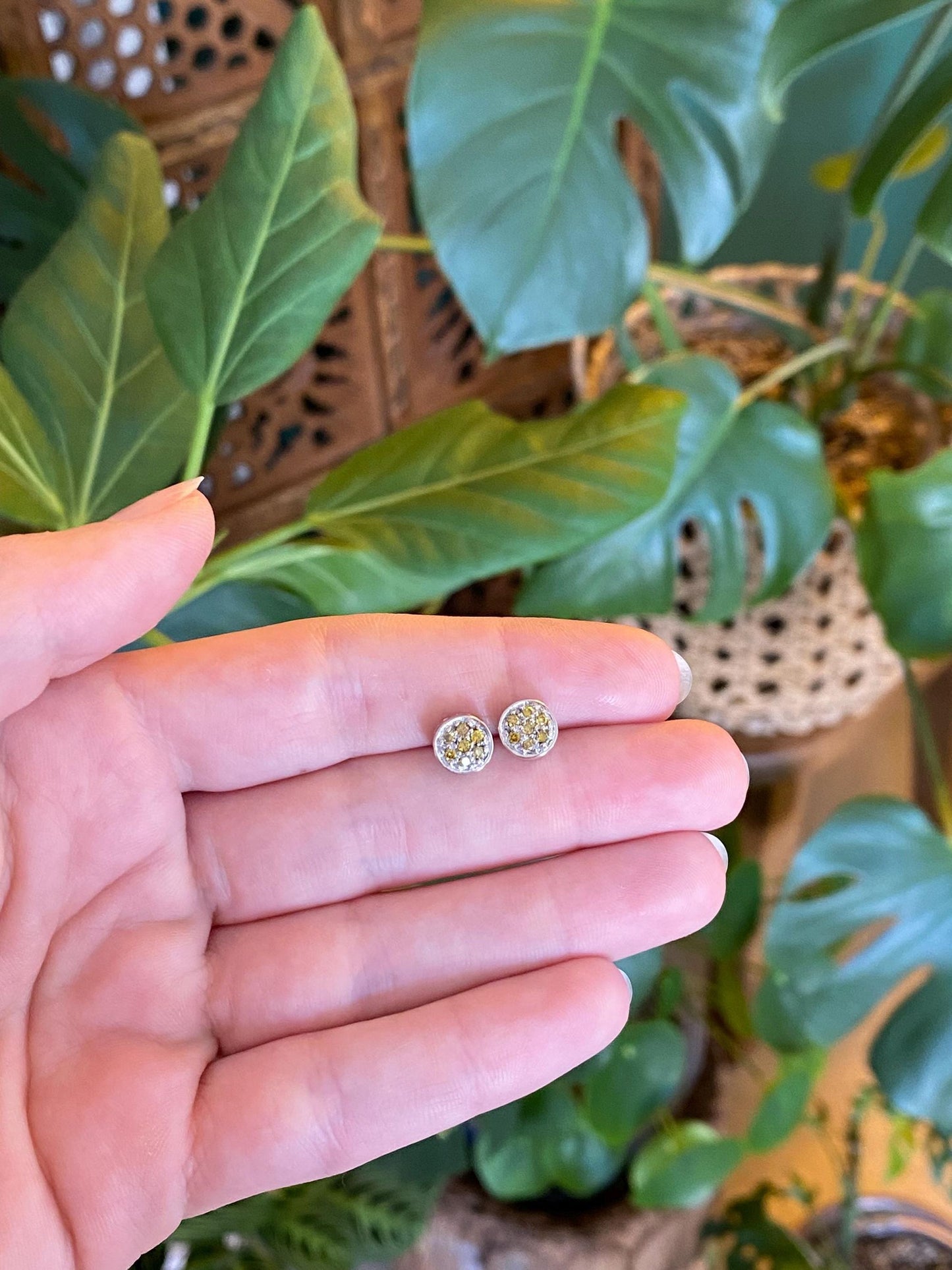 Vintage Solid 14k White Gold Yellow Diamond Cluster Studs