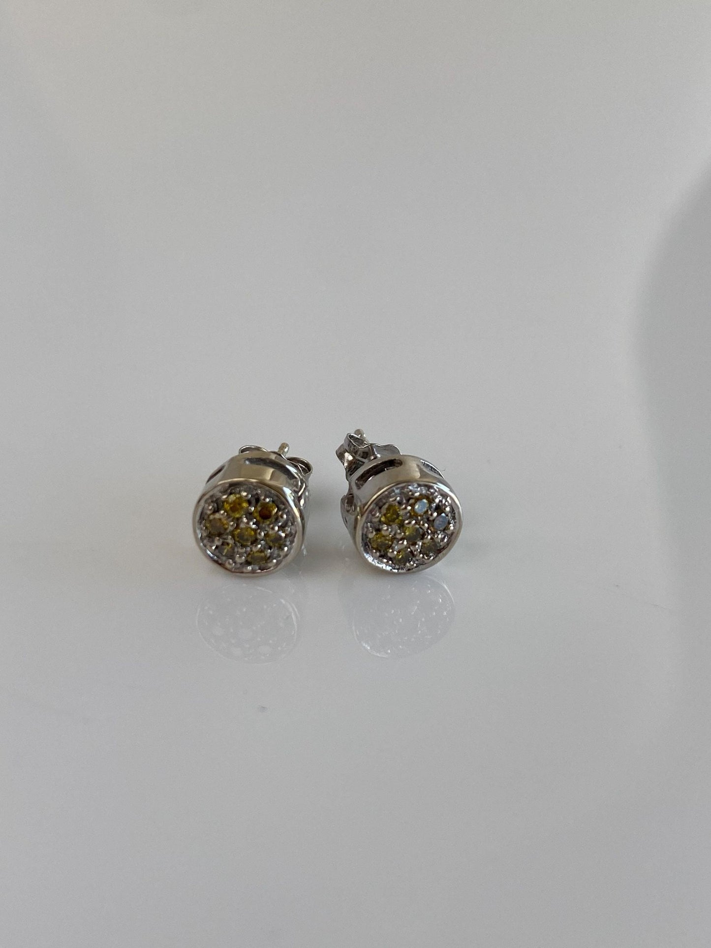 Vintage Solid 14k White Gold Yellow Diamond Cluster Studs