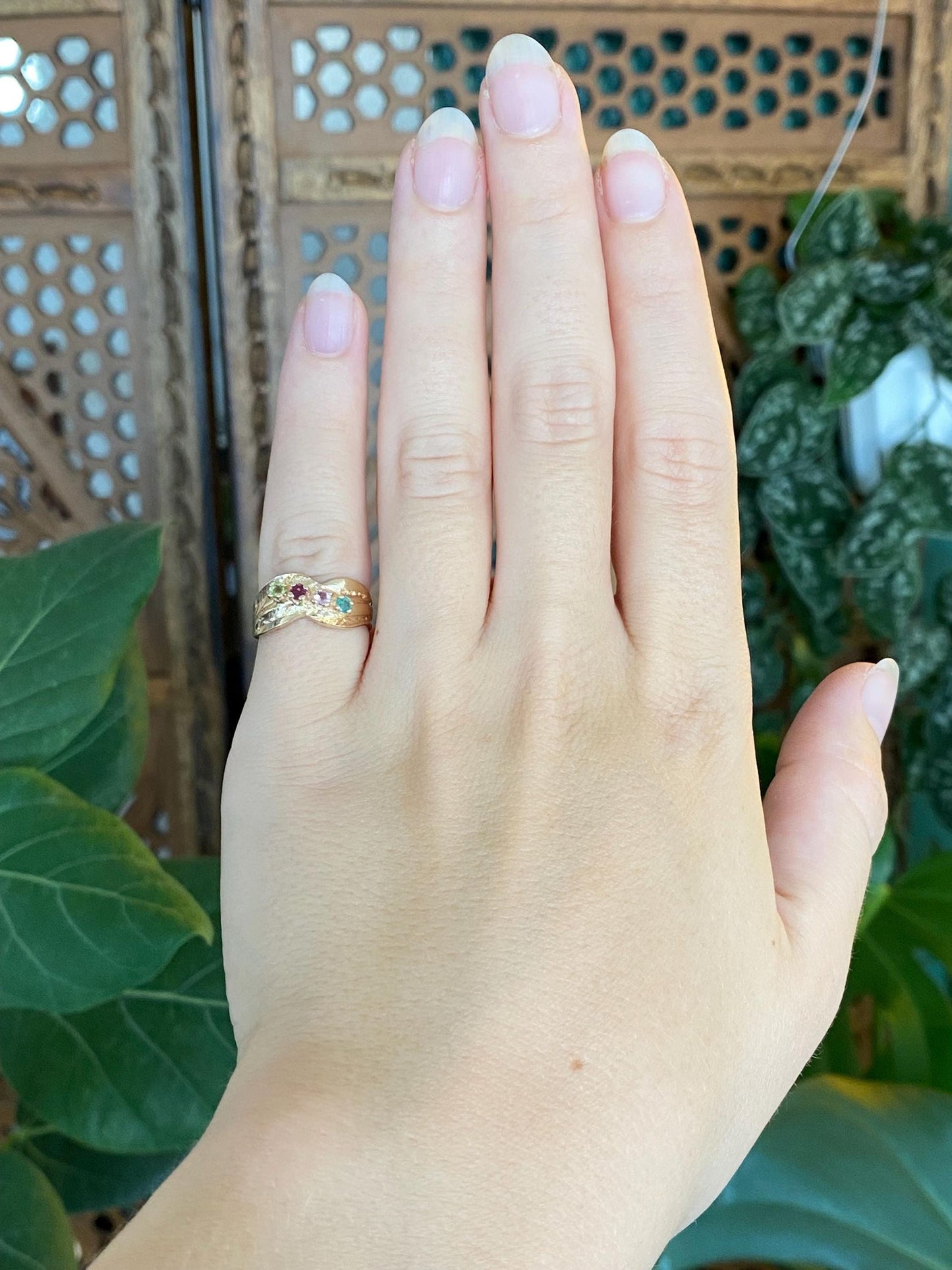 Vintage Solid 14k Yellow Gold Ruby Emerald Peridot Pink Tourmaline Ring Band - Size 5.25