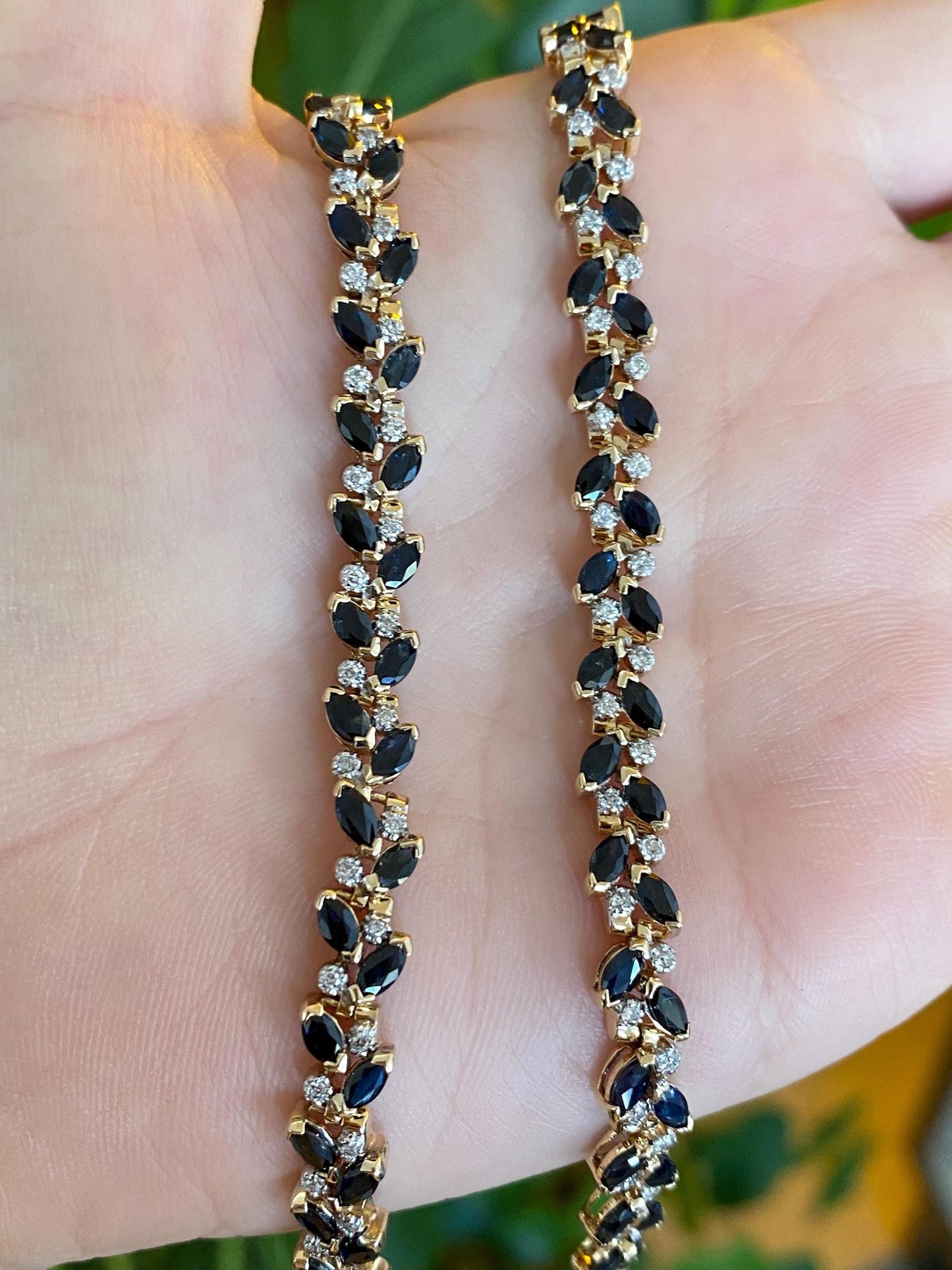 Vintage Solid 14k Yellow Gold Diamond Blue Sapphire Link Necklace - 16.5 inches