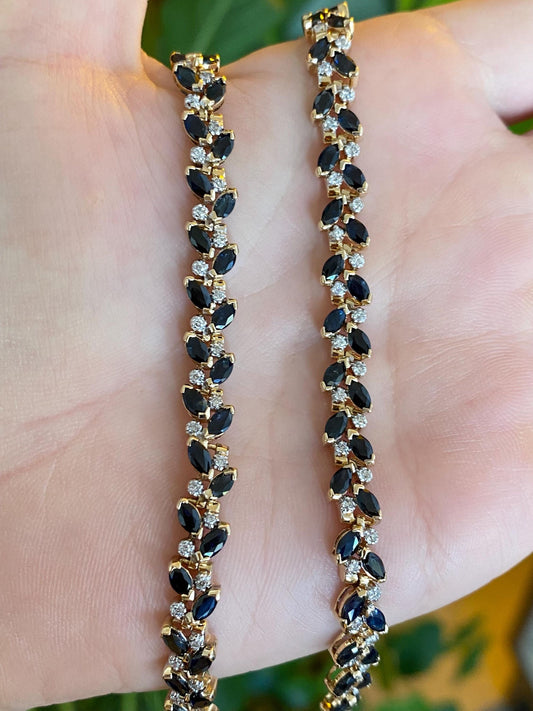 Vintage Solid 14k Yellow Gold Diamond Blue Sapphire Link Necklace - 16.5 inches
